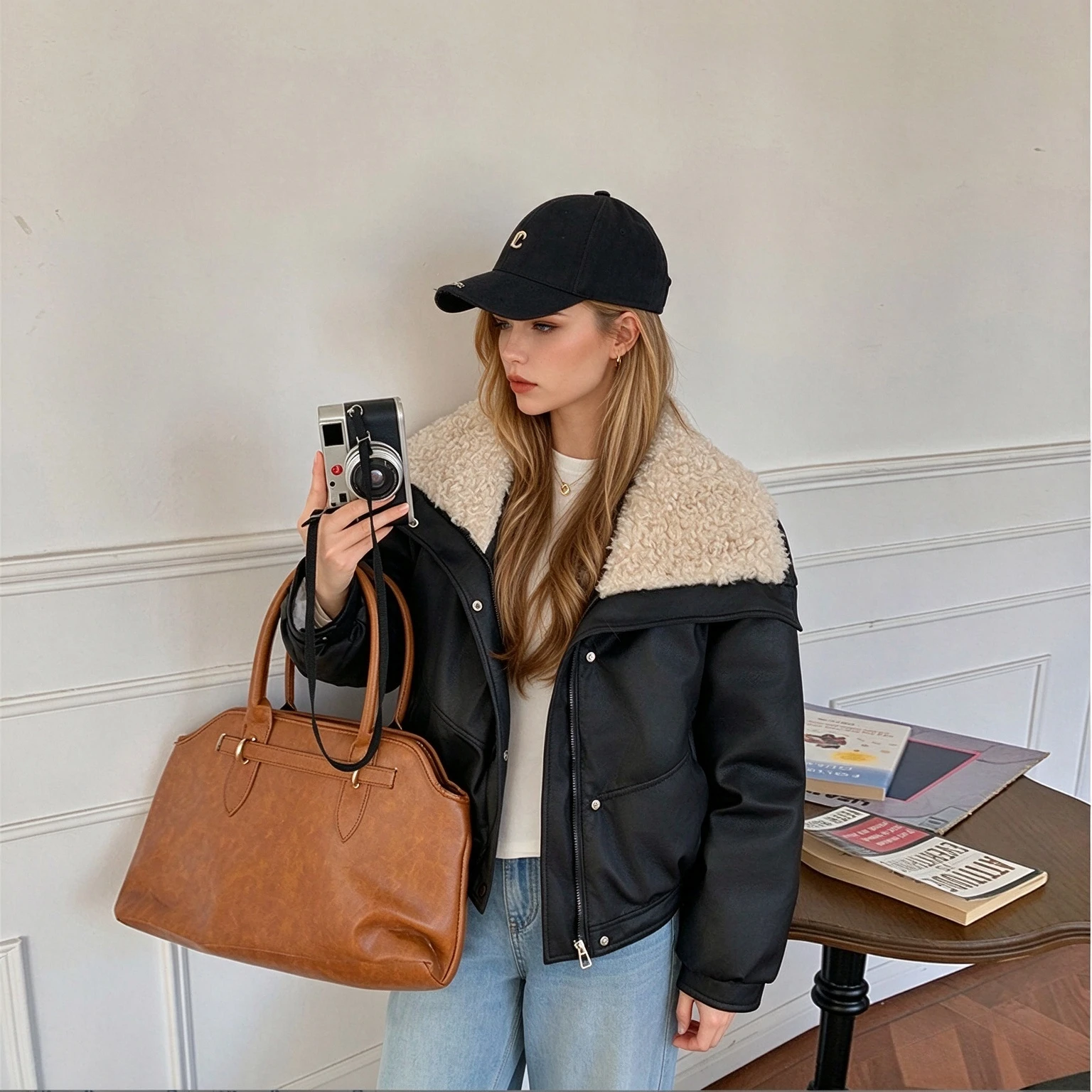 Ladies Vintage Plush Collar Padded Coat Zip Up Long Sleeve Side Pockets Loose Fit Short Warm Winter Streetwear Outerwear Jacket