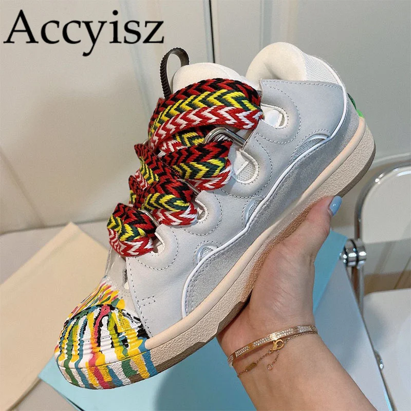 

Spring Autumn Thick Bottom Real Leather Daddy Shoes Lace Up Mixed Color Patchwork Vacation Casual Shoes Flats Sneakers Unisex