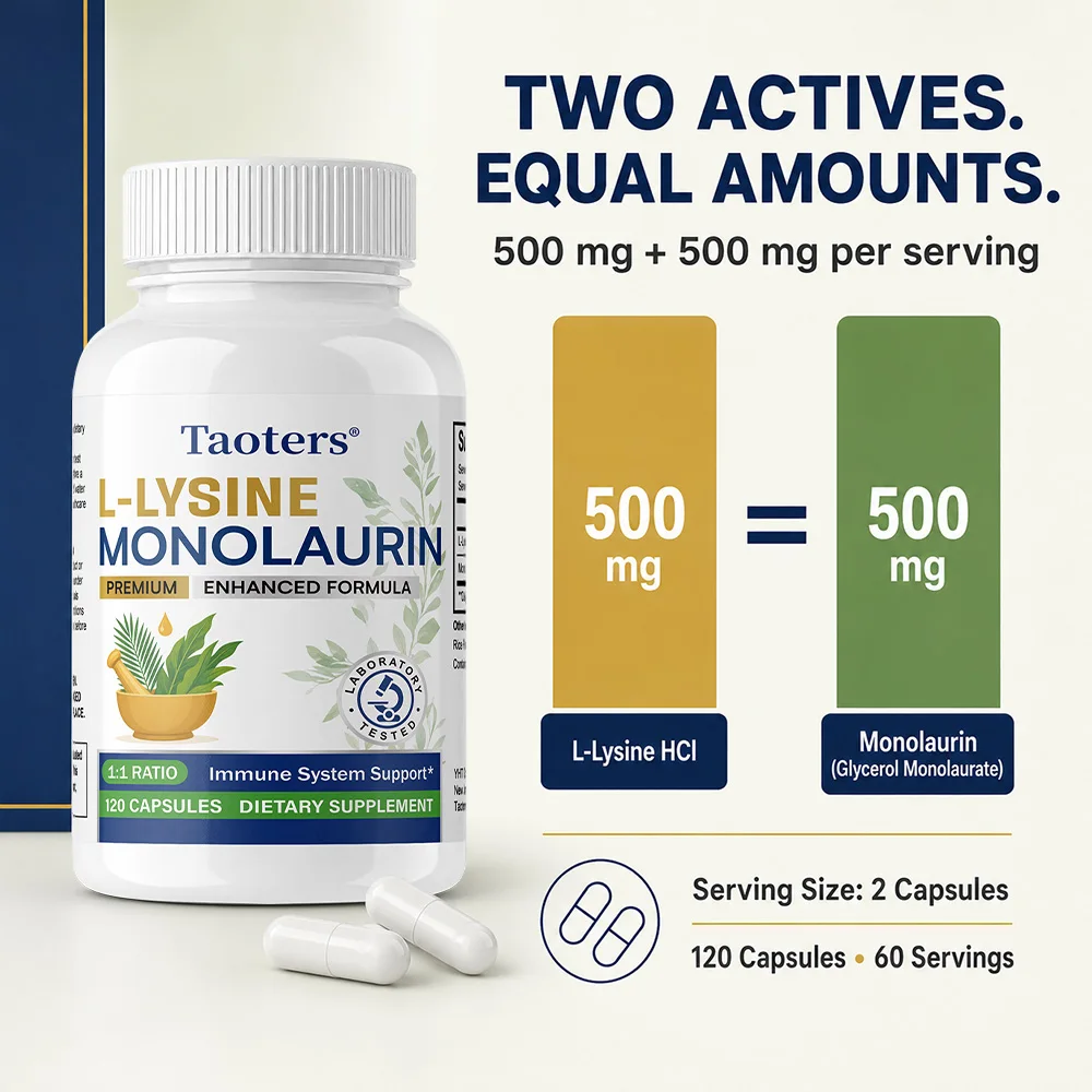 L-Lysine with Monolaurin, 500mg L-Lysine and 500mg Monolaurin Per Serving in A 1:1 Ratio; Vegan, Gluten-free, 120 Capsules