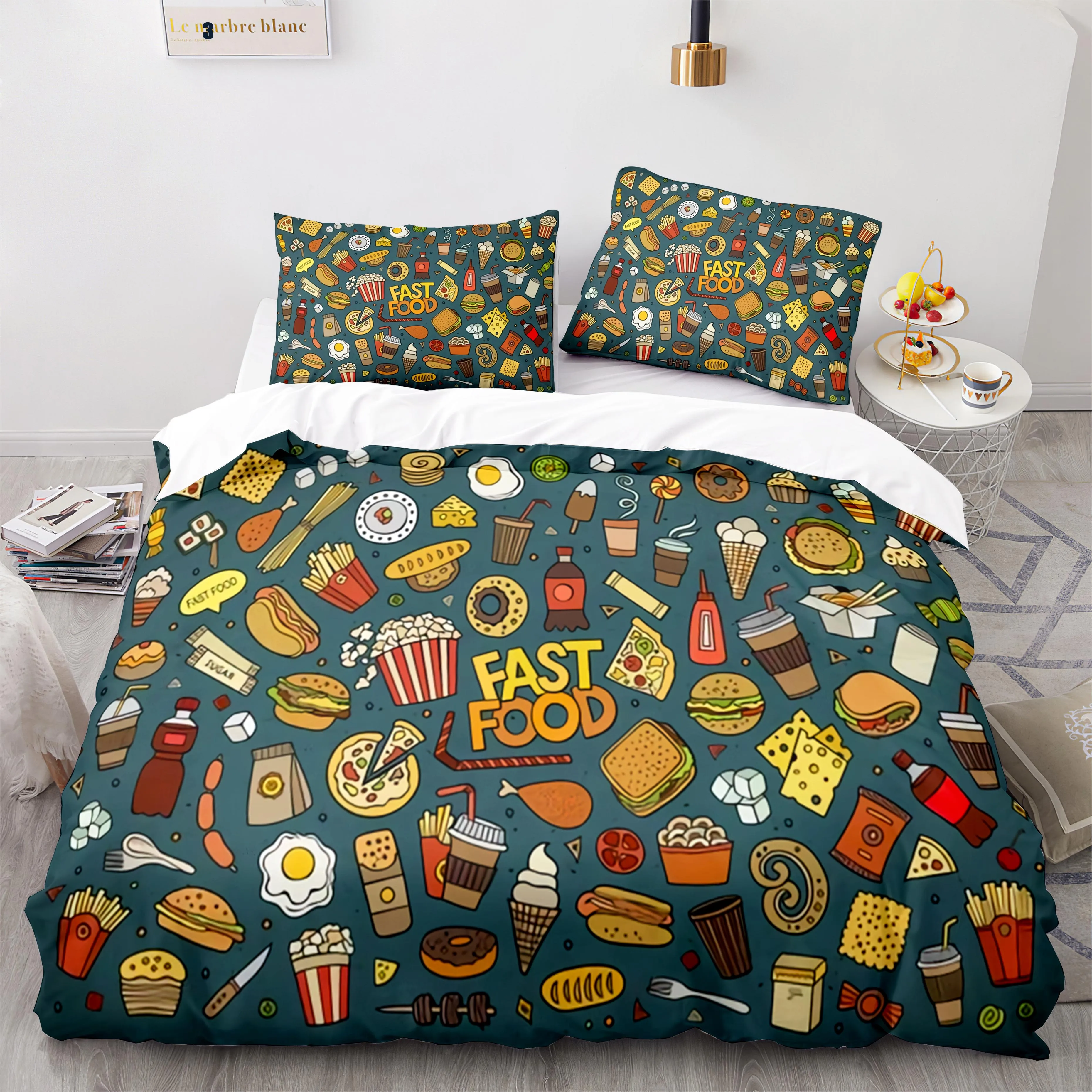 American Fast Food King Queen Duvet Cover Western Pizza Cola Bedding Set French Fries Cartoon 3pcs Set Polyester Quilt Cover