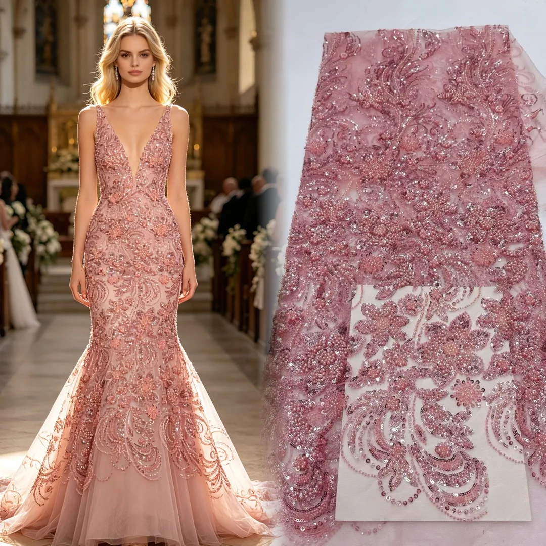 

Wholesale Fashion French Embroidery Beaded Tulle Lace Fabric High Quality African Nigerian Sequin Lace Fabric for Wedding Dress