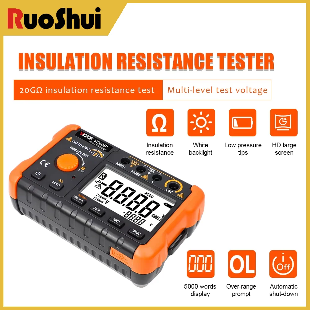 

Victor 60B+ Digital Insulation Tester High Voltage Megohmmeter Earth Resistance Testing Multi-Level Professional Ohm Meter