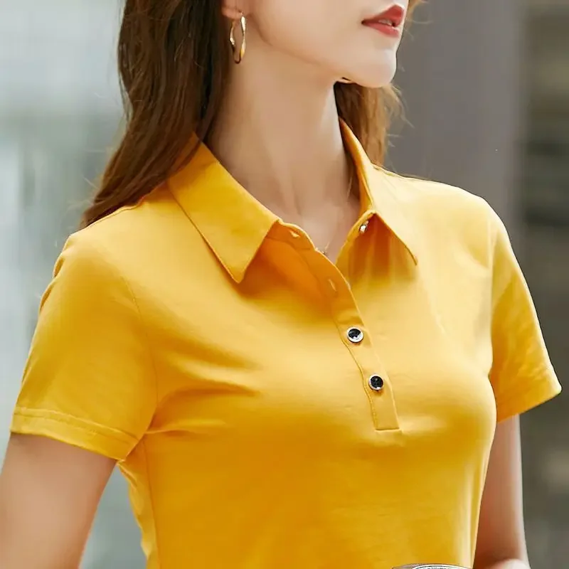 Woman T Shirt Button Polo Neck Women Plain 100℅ Cotton Cheap Tops with Collar Summer 2024 Clothing Sales Aesthetic Korean Casual