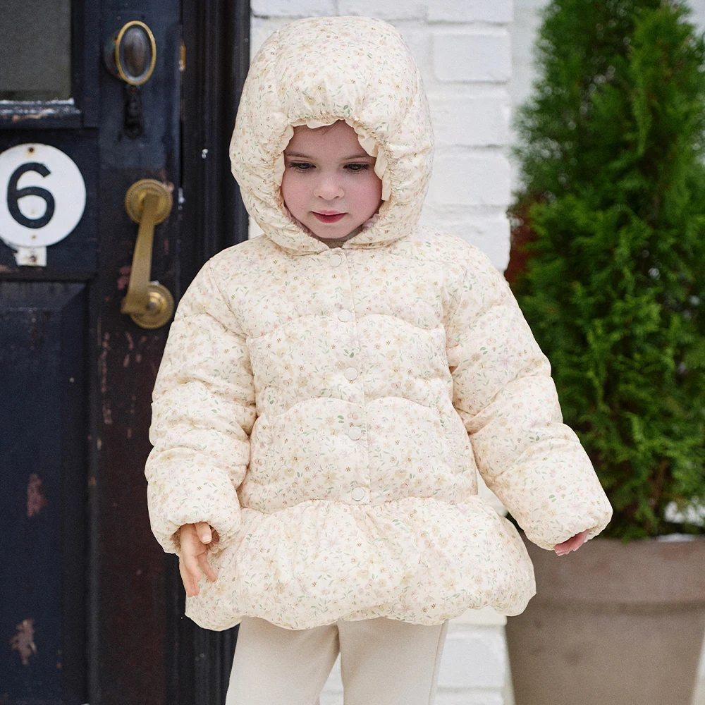 Dave Bella Children's Coat For An 8-year-old Girl Baby Winter Clothes Waterproof Outerwear Jacket Hooded Floral Print DB4264902