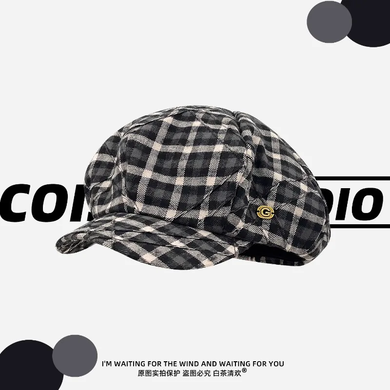 

Vintage Color Matching Plaid Short-brimmed Newsboy Hats Women Show Face Small Summer Autumn Casual Versatile Literary Berets