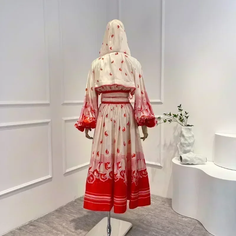 High Qualiity 2024 Red Boats Print Long Lantern Sleeve Hooded Tops and Drawstring Stretchable Midi Skirt Set for Women