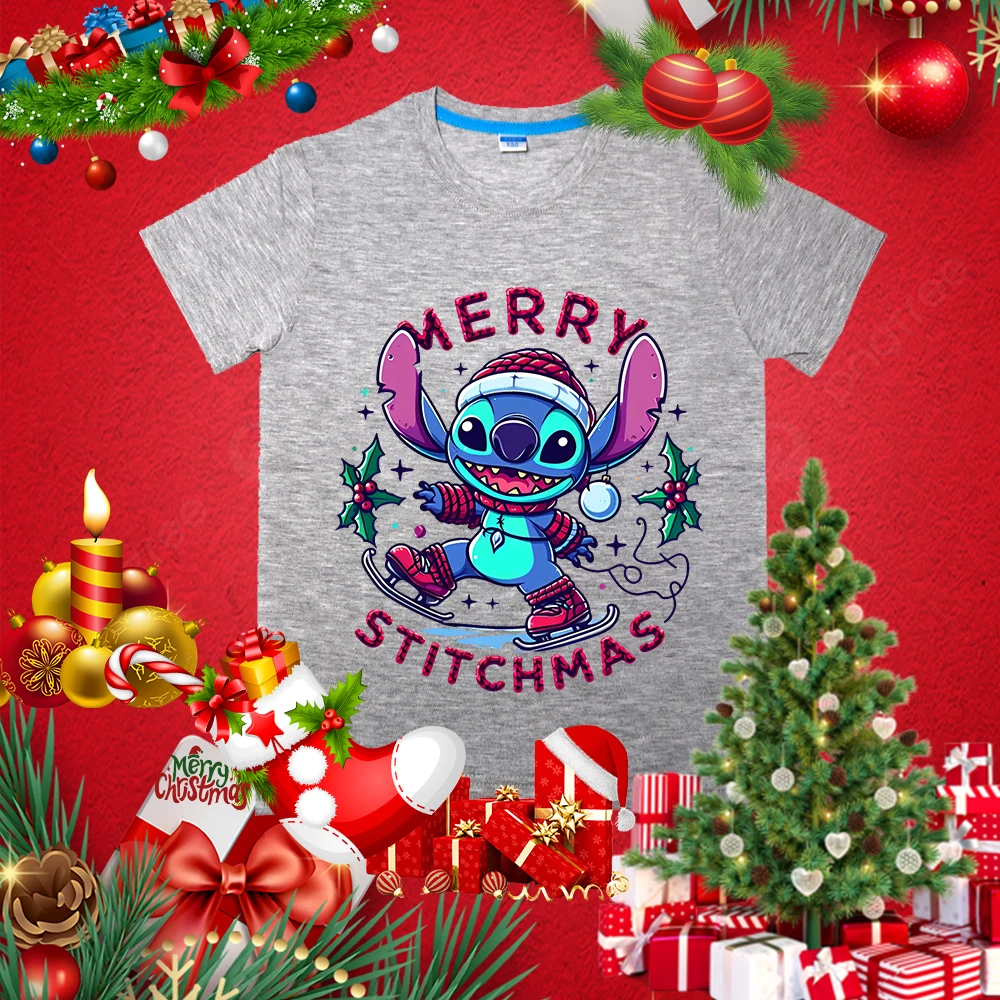 Stitch Kerst Bedrukt Kids T-Shirt Zomer Kinder Katoenen Korte Mouw Geschikt Voor Jongens En Meisjes Casual Tops