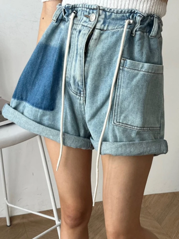 

Lace-Up Denim Shorts Summer Women Retro Loose Rolled Blue Denim Shorts Streetwear Female High Waist Button Jeans Shorts Bottoms