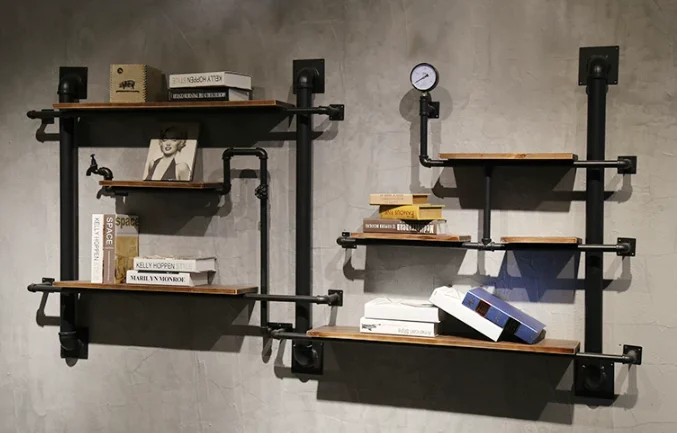 Vintage Industrial Pipe Wall Display Rack, Rustproof Iron Storage Holder For Kitchen Spice & Living Room Ornament Display