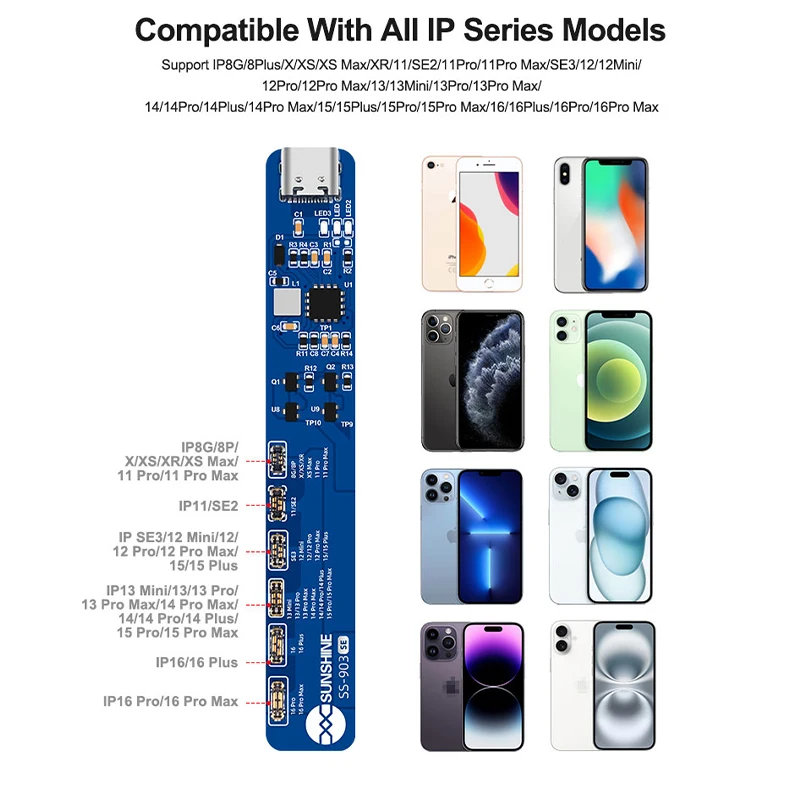 SUNSHINE SS-903 SE لوحة تفعيل شحن البطارية الخالية من الإزالة لهاتف iPhone 8-16 Pro Max جهاز اختبار شحن لوحة دوائر كهربائية للبطارية