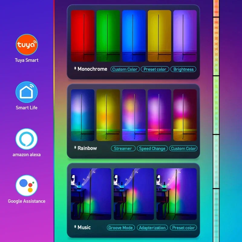 180cm rgbic conduziu a lâmpada de assoalho tuya inteligente app controle remoto canto luz piso atmosférica luz pé decoração para casa natal