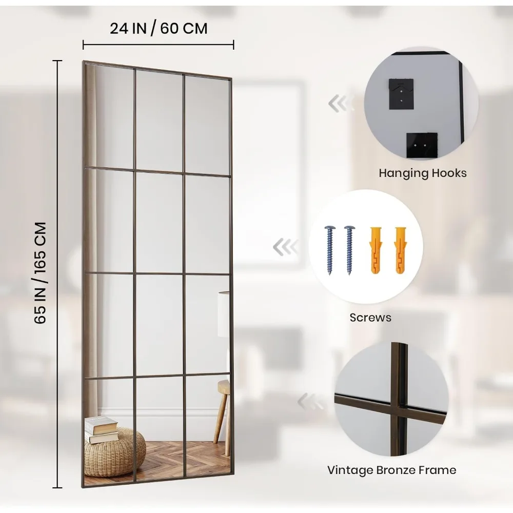 Ganzkörper-Bronze-Kunstscheiben-Spiegel zur Wandmontage, 65 x 24 cm, dekorativer Bauernhaus-Wandspiegel zum Aufhängen am Boden