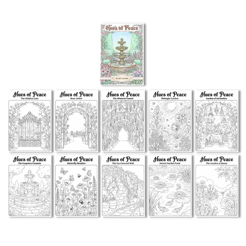 10pcs Per Pack Coloring Posters, Quiet Garden‑Themed Coloring Graffiti Stress‑Relief Hand‑Drawn Decor Posters