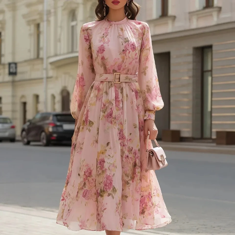 2026 Spring Summer New Print Long Sleeve Waist Tie Elegant Temperament Dress Long Dress Womens Outfit