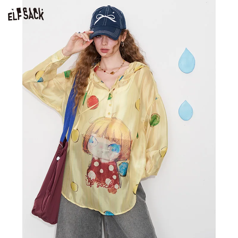 ELFSACK 2025 Summer New Arrival Light And Breathable Original Printed Hooded Loose Hoodie For Woman