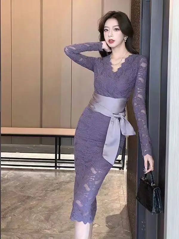 

Pure Desire Light Mature Sexy Purple Dr Women's Summer Lady Sle Ele Lace Long Sve Sexy Bodycon Long Dr