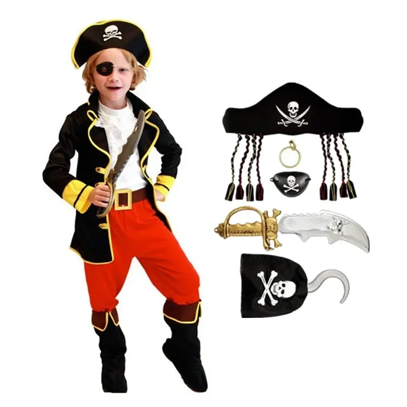 Pirate Captain Cosplay Costume Kids Boys Carnival Fancy Clothes With Props Hat Halloween Costumes Children Jumpsuits