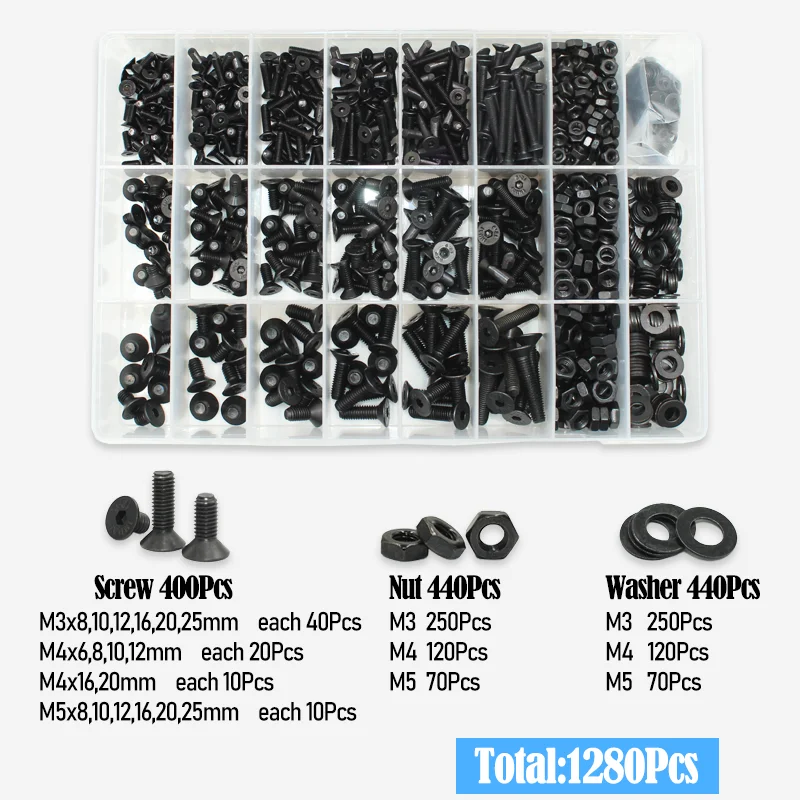2520 Teile/satz M2 M2,5 M3 M4 M5 M6 Schwarz Grade 10,9 Stahl Sechskant Innensechskant Flache Senkkopf Inbus Bolzen Schraube Mutter Unterlegscheibe Kit – Detail 10