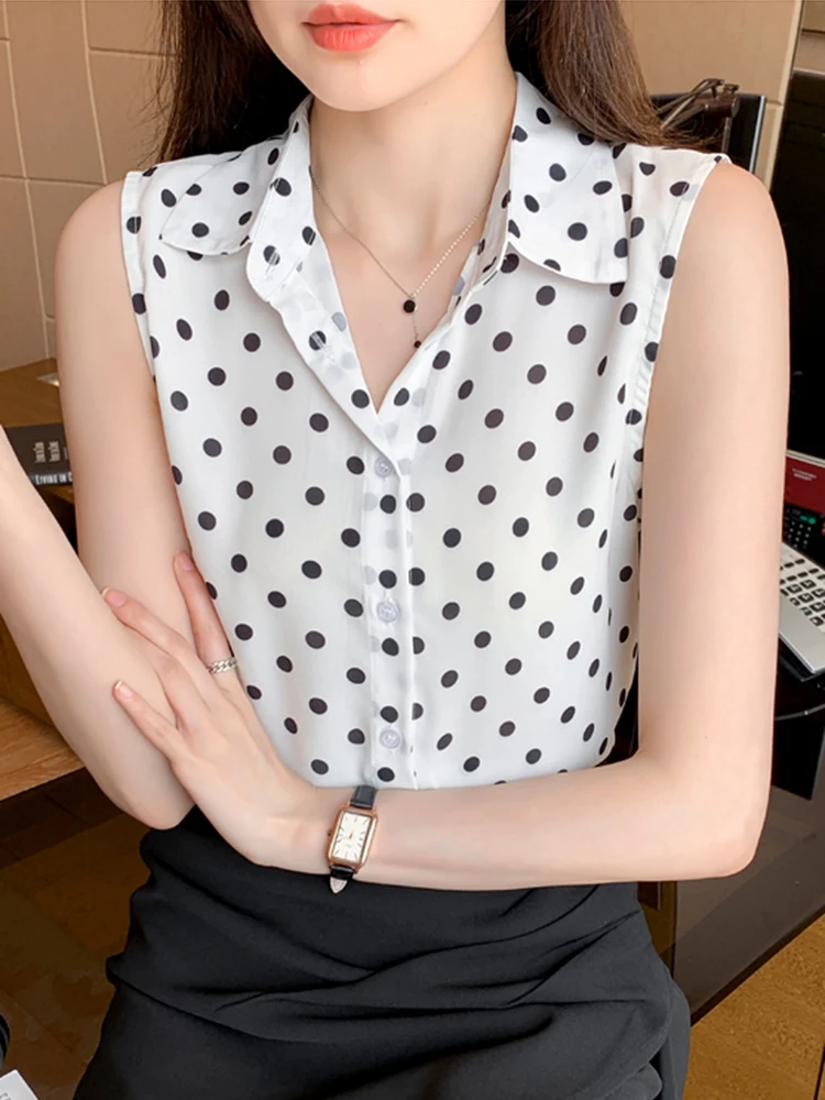 OL Style Shirts Women Turn-down Collar Sleeveless Women Blouse Tops Elegant Workwear Female Tops blusas femme 2024 Summer