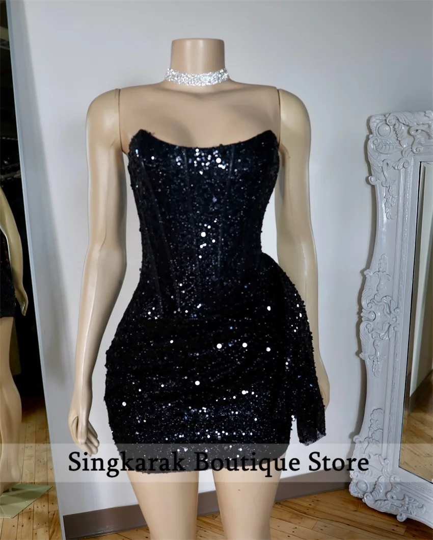 

Короткие черные сексуальные платья для выпускного вечера по индивидуальному заказу без бретелек без рукавов с блестками и бисером мини-платья для дня рождения и выпускного вечера