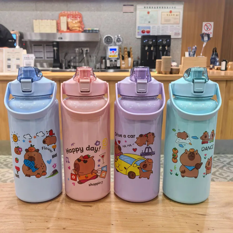 

3pcs Capybara water cup set: cute cartoon portable cup, plastic large water cup for sports, outdoor activities, and office use.