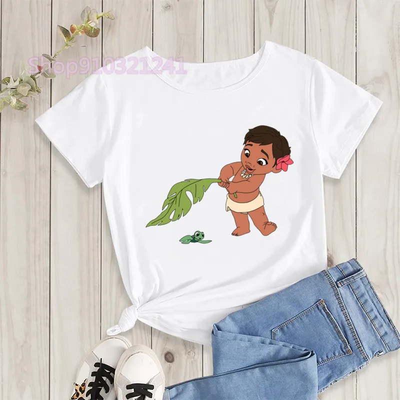 Kawaii śmieszna koszulka Moana damska Harajuku Streetwear śliczna księżniczka Tshirt z grafiką T-shirt z motywem zwierzęcym kreskówka koszulki