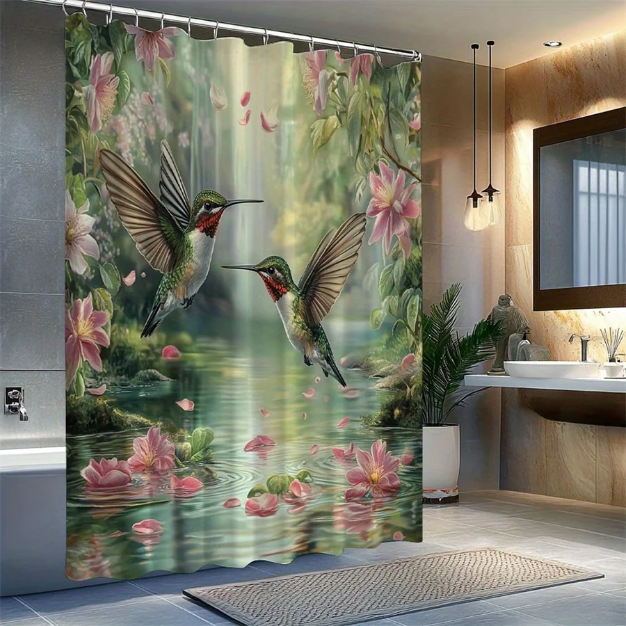 1pc Romantic Tranquil Hummingbird & Pink Petals Shower Curtain, Green Feathers & Red Throat Design, Sun-Dappled Forest Theme, Wa