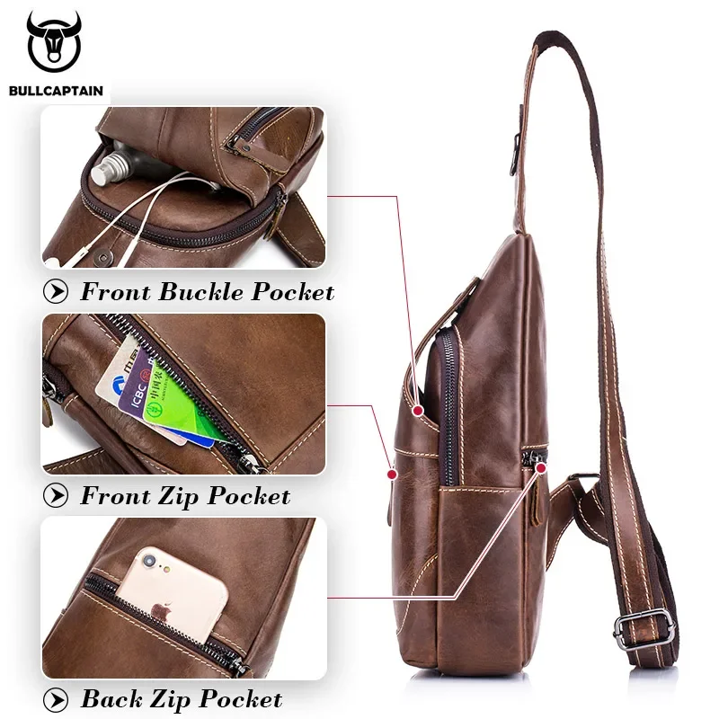 BULLCAPTAIN  Leather Messenger Bags Men's Casual Bag For Men Chest Bag Brand Designer Multi-Function Headphone Jack Chest Pack