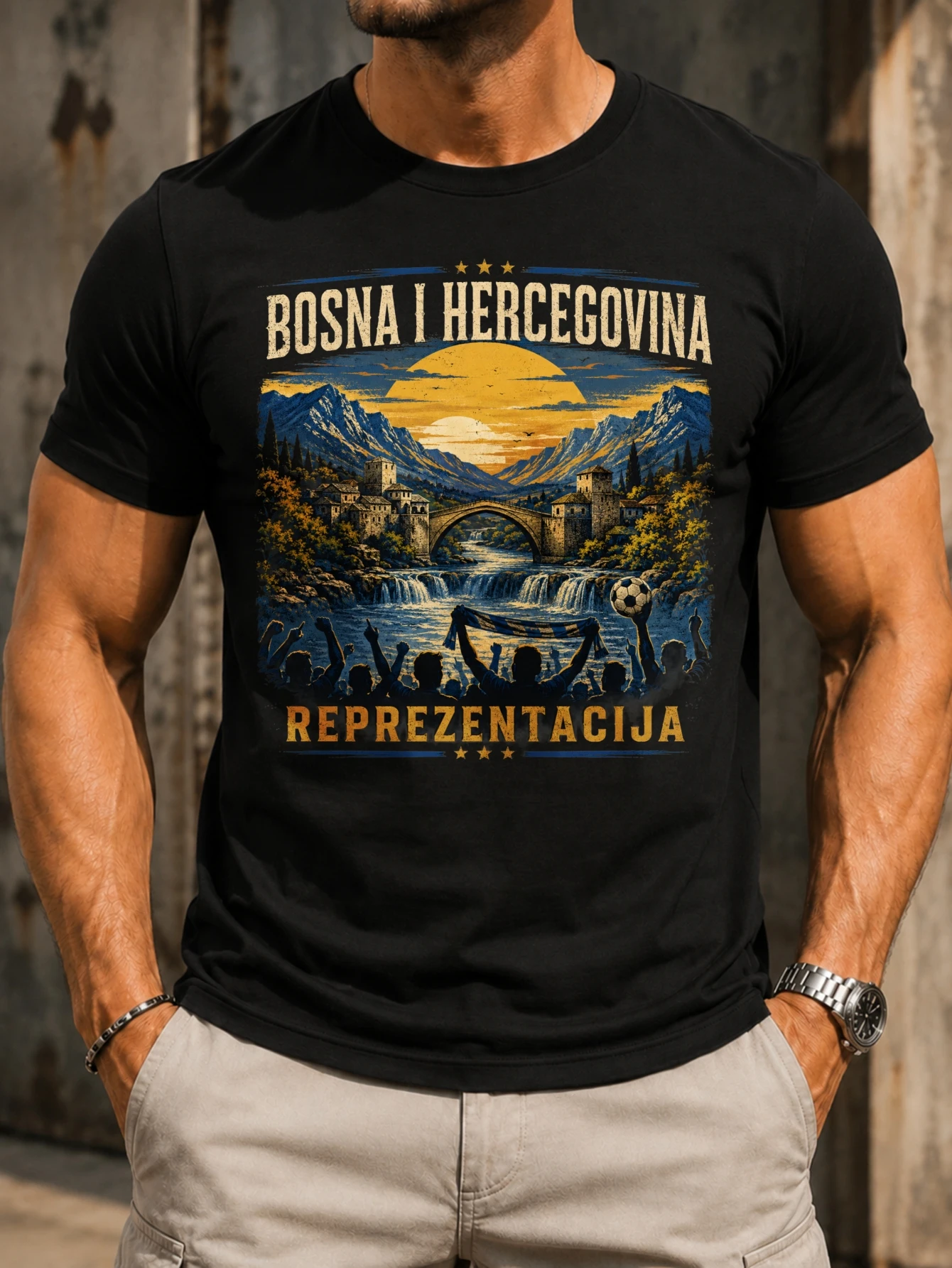 Bosna I Hercegovina sunset mountain bridge waterfall and cheering fans warm vintage reprezentacija  Unisex All T-Shirt