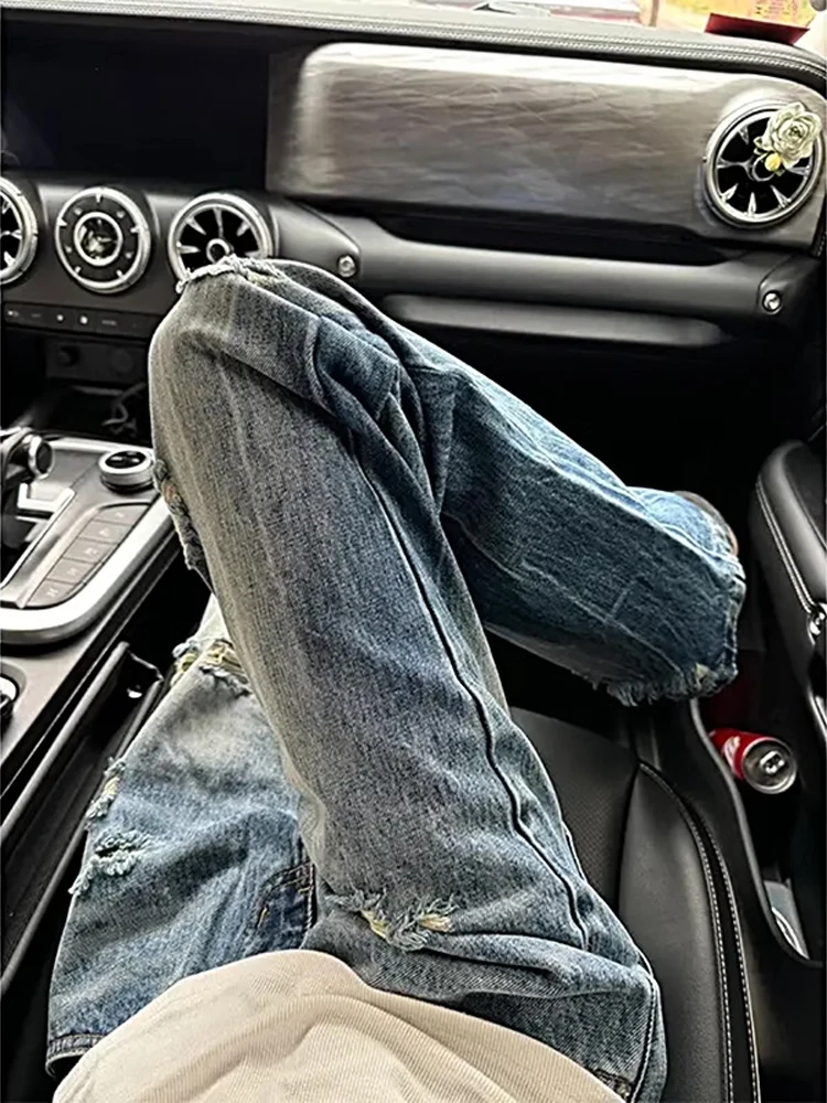 Calça jeans retrô azul desbotada masculina, calça reta de perna reta com micro alargamento e padrão de relâmpago