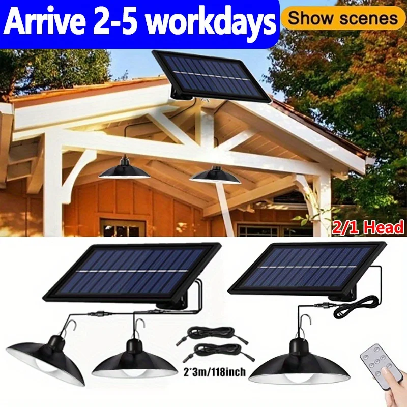 1pc solar powered pendant lights, outdoor double headed pendant lights with remote control, indoor decorative light for camping