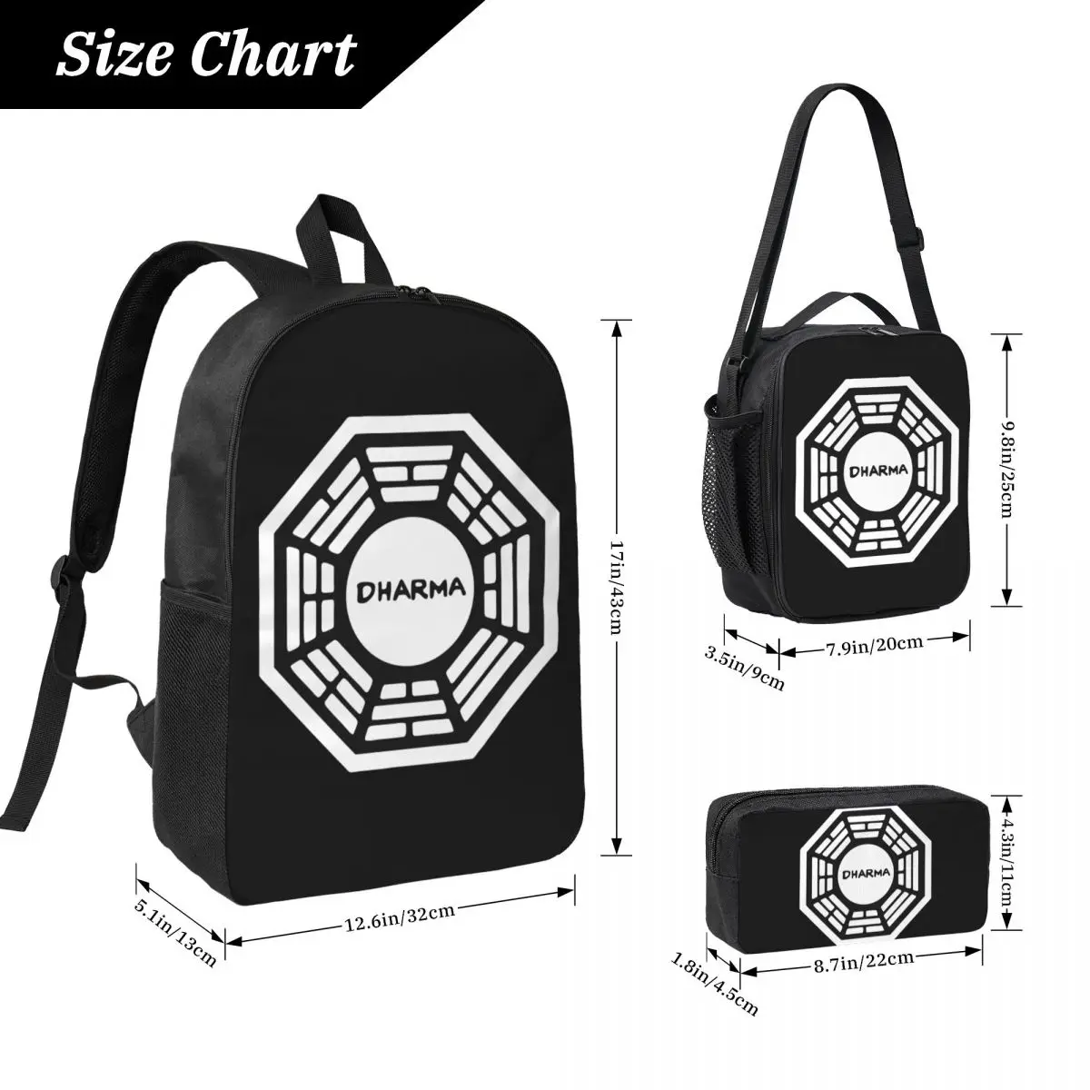 Dharma Initiative Backpack Student Boys Girls BookBag School Bag Laptop Shoulder Bags 3ps Insulated Lunch Bag Pencil Case