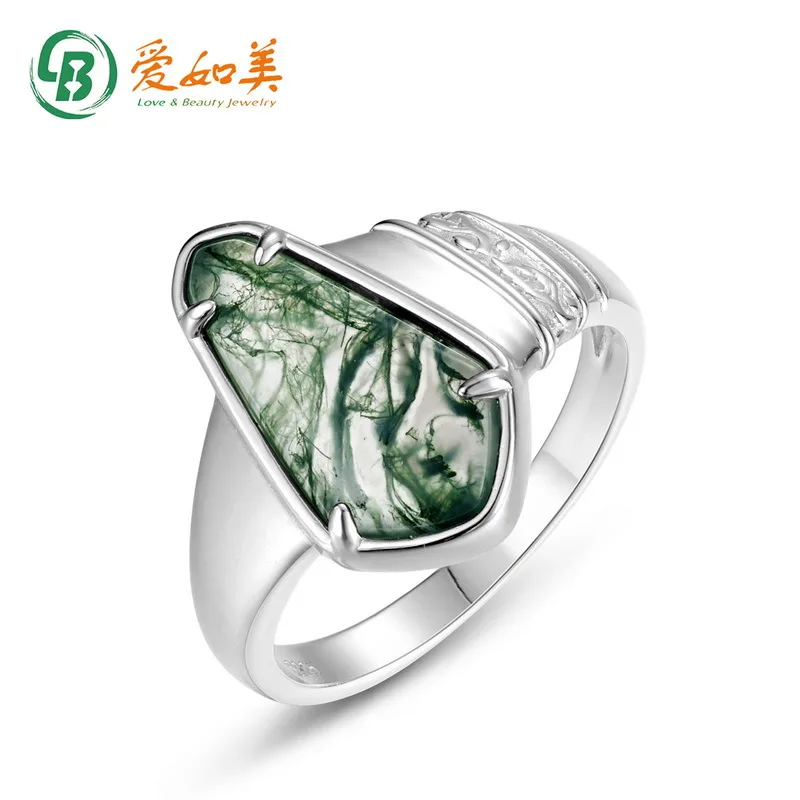 

Geometric Green Moss Ring Light Luxury 18K Gold PT950 Platinum Silver Plated 7-Layer Golden Water Grass Agate Finger Ring