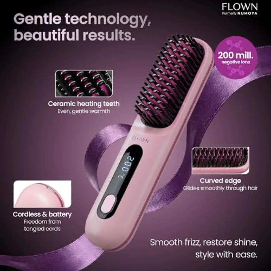 Go Brush PRO heat brush for travel, ceramic-coated, pink, no-damage styling with USB-C charger