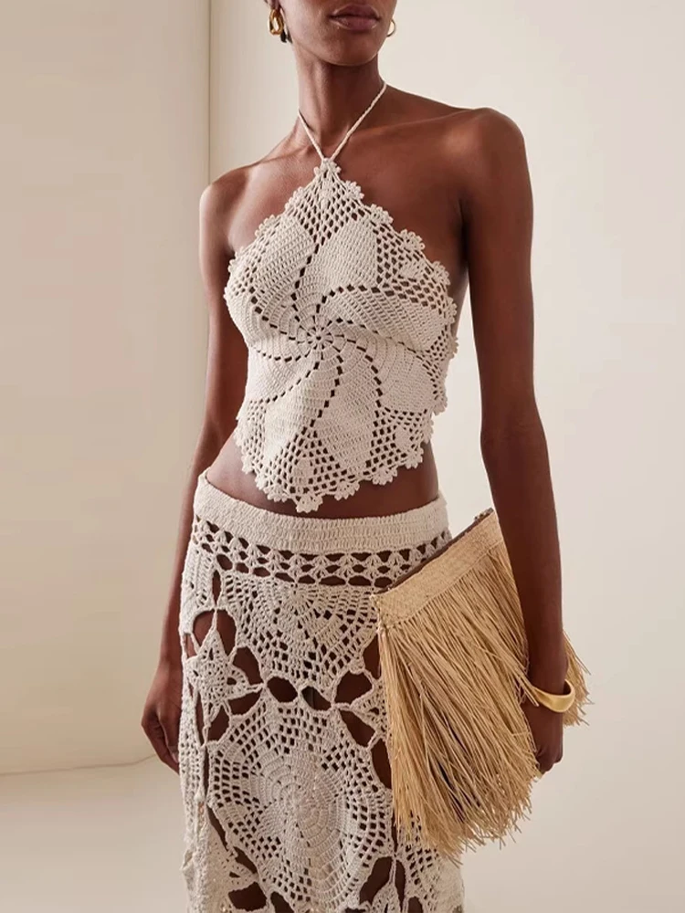 Conjunto de Falda y Top para Mujer, Conjunto de 2 Piezas de Crochet, Top Corto Blanco con Diseño de Flores Caladas, Falda Midi, Ropa Elegante para Vacaciones de Verano en la Playa