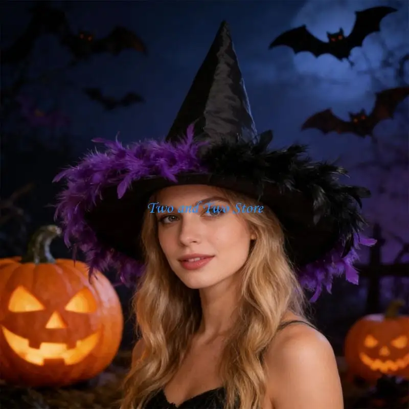 HX6F Dramatic Gothic Witch Hat With Fringe Halloween Costume Accessories