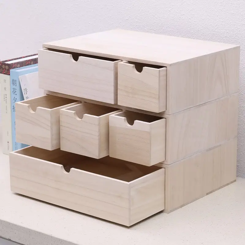 Solid Wood A4 Paper Storage Rack Arc Handle Desktop Drawer Unit Monitor Stand Jewelry Cosmetics Box Paulownia Modular Shelf