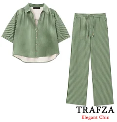 TRAFZA Casual Blend Striped Pants Set Women Short Sleeve V-Neck Button Top Set New 2024 Summer Fashion Holiday Women Set