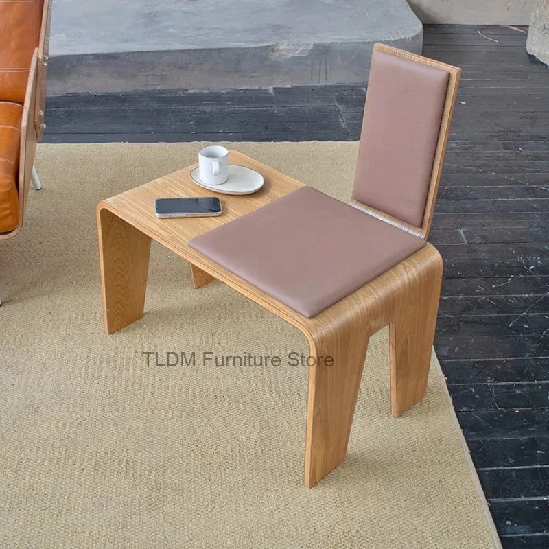 Integrated Bent Plywood Dining Chair Built-in Side Table Soft Leather Upholstered Cushion Modern Curved Single Seat for Home