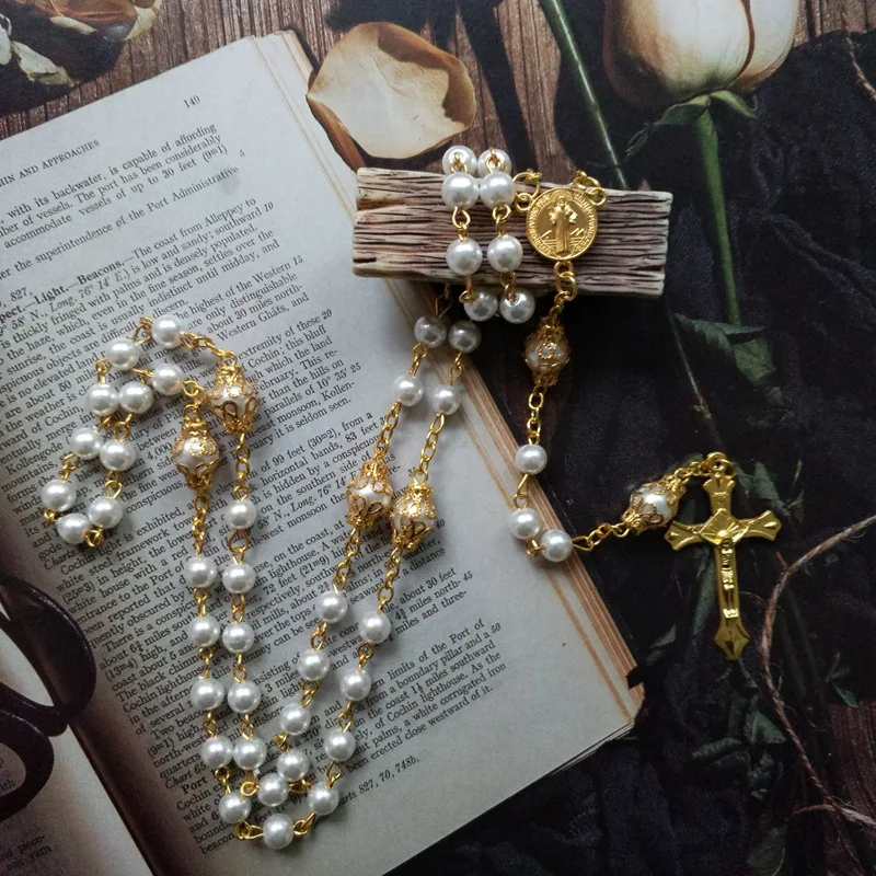 QIGO White Imitation Pearl Rosary Necklace With Cup Crucifix Cross Saint Benedict Pendant Catholic Jewelry