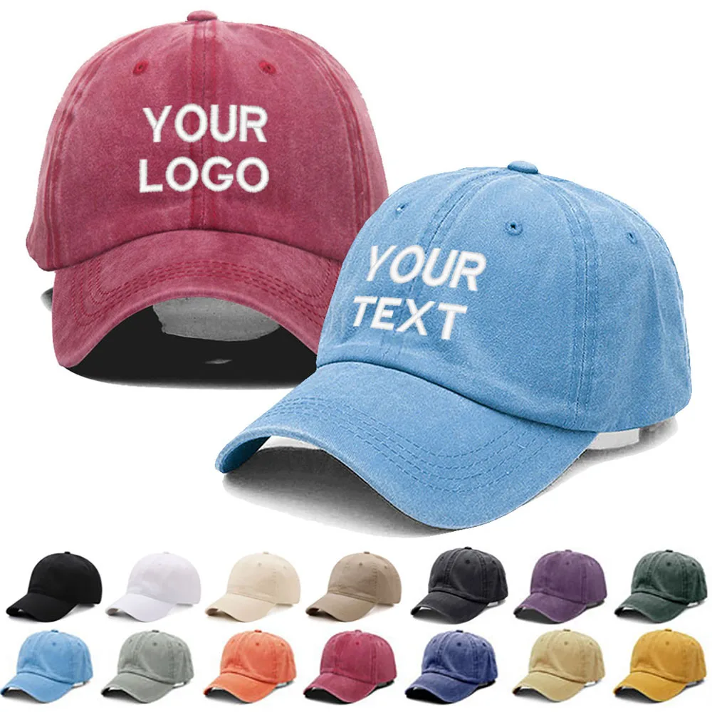 Custom Text Logo Embroidery Vintage Washed Cotton Baseball Cap Fashion Women Men Hat Sport Visors Snapback Cap Sun Hat