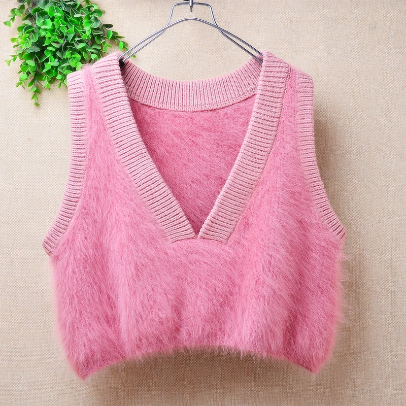 Ladies Women Spring Autumn Clothing Hairy Angora Rabbit Hair Knitted Sleeveless Loose Pullover Sweater Vest Mink Fur Jumper Pull