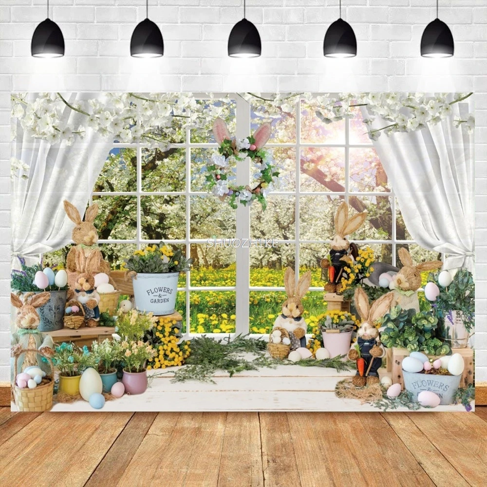 Spring Easter Photography Backdrop Window Sill Cute Rabbit Flower Wreath Baby Shower Birthday Portrait Background