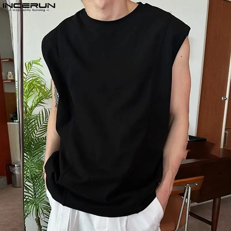 INCERUN Men Tank Tops Solid Color O-neck Sleeveless Loose Summer Male Vests Streetwear 2024 Fashion Casual Men Clothing S-5XL