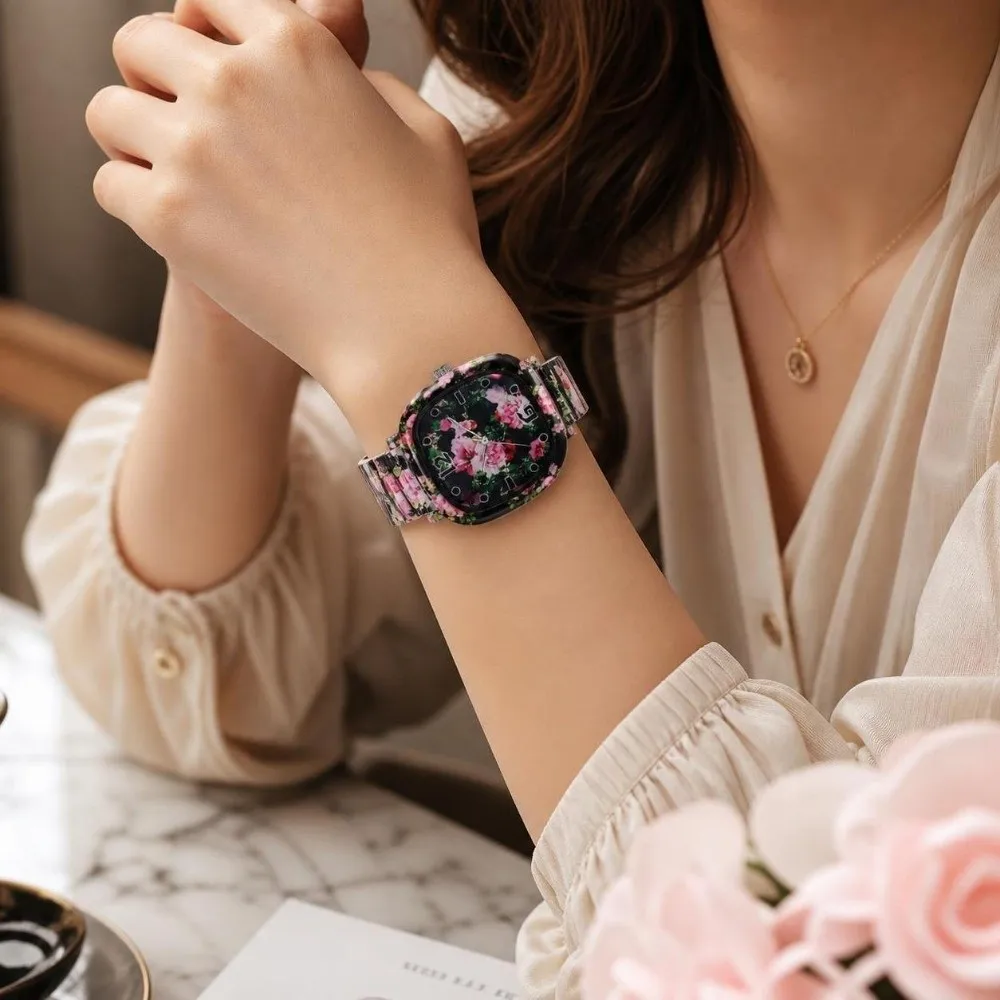 Stainless Steel Quartz Bracelet Watch Elastic Floral Printed Square Wristwatch Rainbow Gradient Colorful Stretch Strap Watch