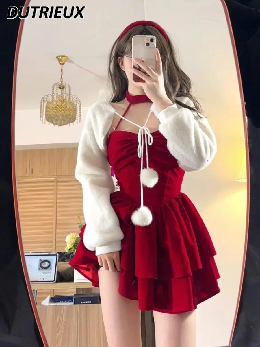 Autumn and Winter Christmas Elegant Outfits Halter Neck Dresses Sweet Cute White Coat and Dress Two-piece Set for Women