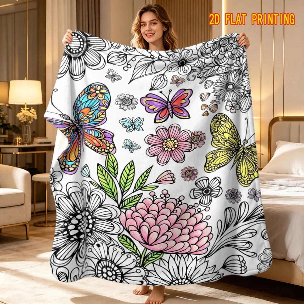 Large Floral Butterfly Print Throw Blanket Bohemian Boho Nursery Decor Polyester Cozy Picnic Couch Sofa Throw for Home