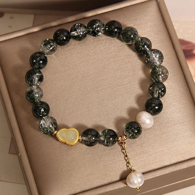 Niche Green Ghost Crystal Bracelet for Women Luxury Retro Exquisite Pearl Gourd Bracelet Gift for Student Girlfriends