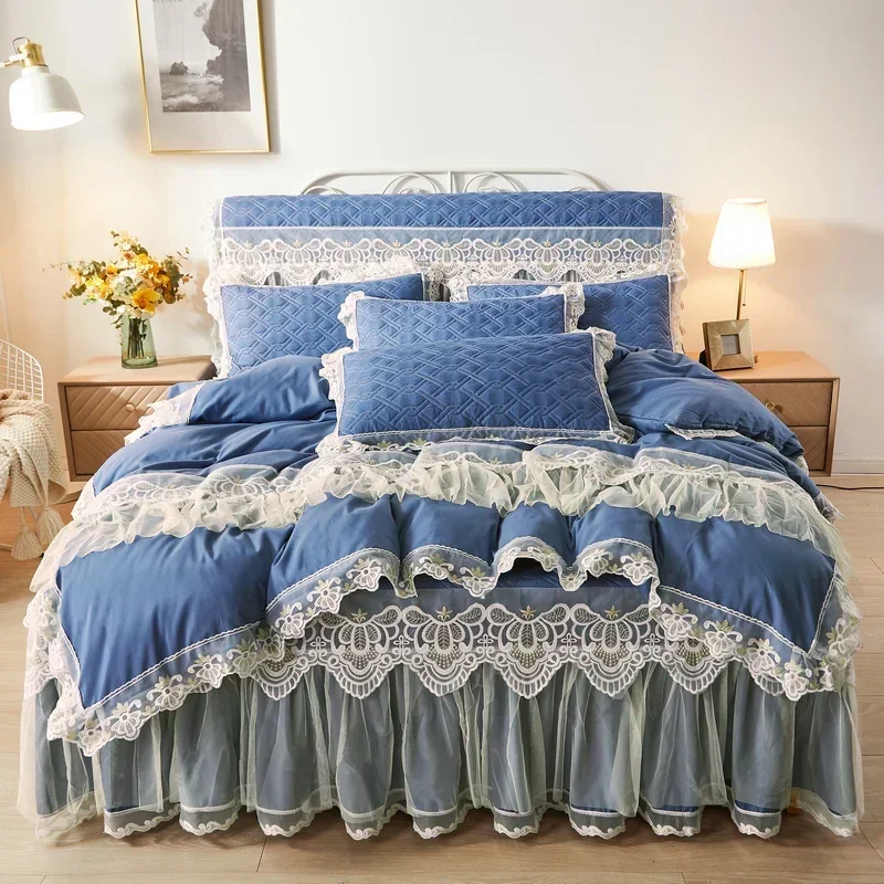 Winter Thickened, Sanded Fabric Four-Piece Quilted Bed Skirt Korean Warm Bedspread Duvet Cover Cotton Bed Sheet