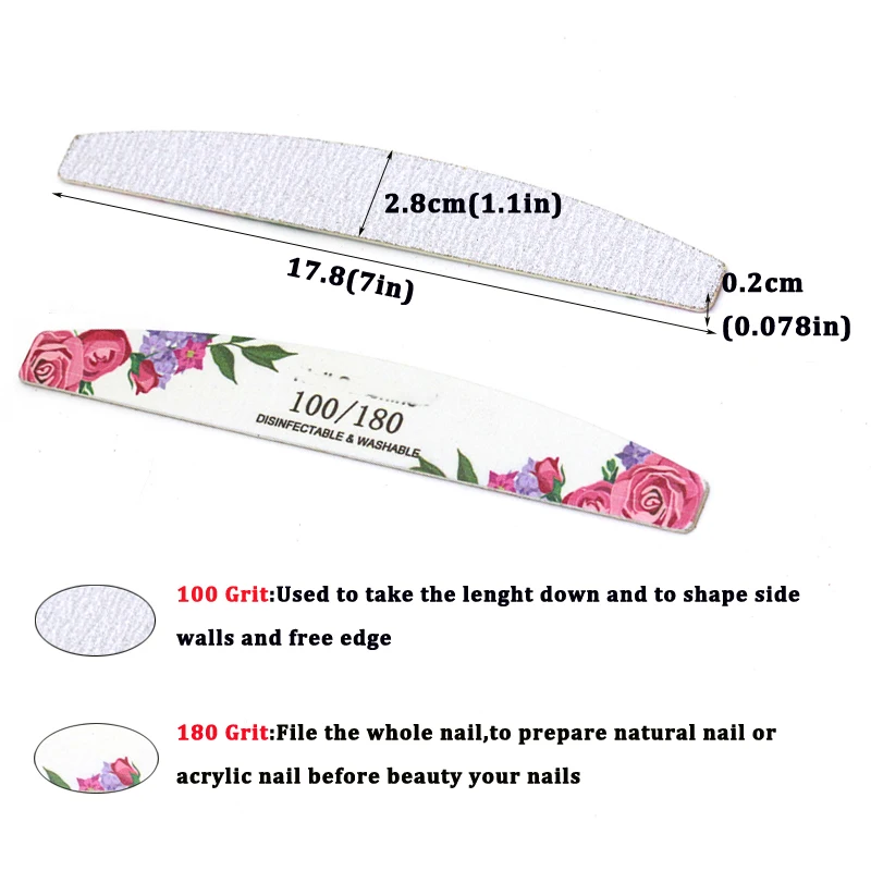 10Pcs White Sandpaper Heavy-Duty Half-Moon Printed Nail Buffers 100/180 Grit Washable Removable Durable Manicure Care Tool